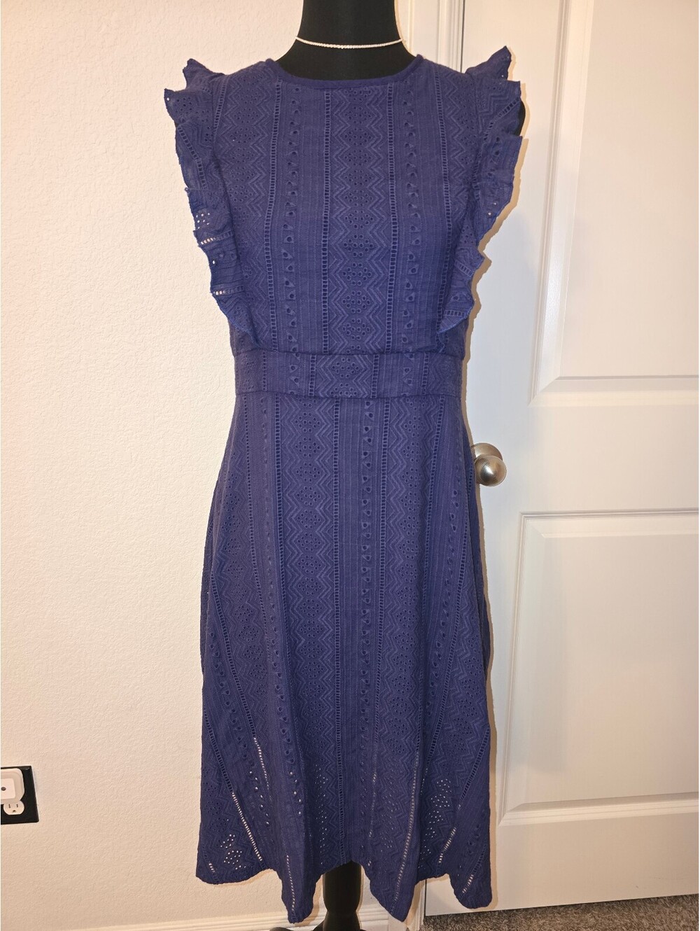 Ecowish Navy Blue Cotton Midi Dress with Ruffle Sleeves, Size M